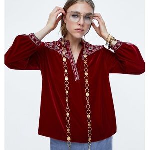 Zara Red Velvet Embroidered Top S 70’s Romantic Hippie Bohemian Royalcore